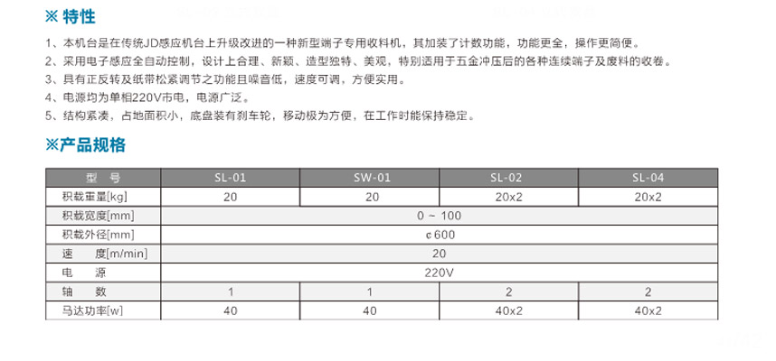 端子專用收料機(jī)SW-01臥式單盤參數(shù)